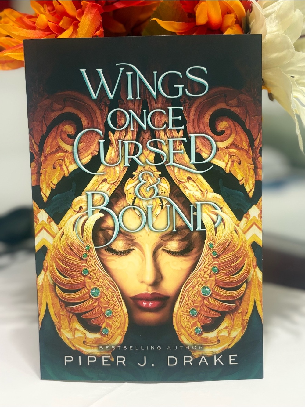 Wings Once Cursed & Bound by Piper J. Drake - Gold & Teal Cover
